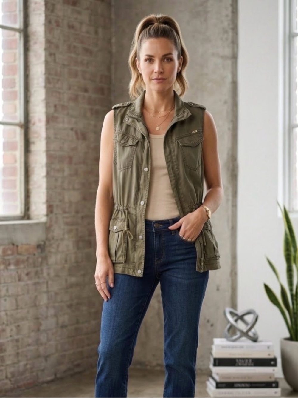Max Jeans Sleeveless Utility Vest - Olive